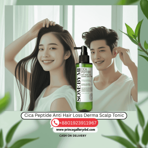 Young woman with healthy long hair using Cica Peptide anti hair loss derma scalp tonic