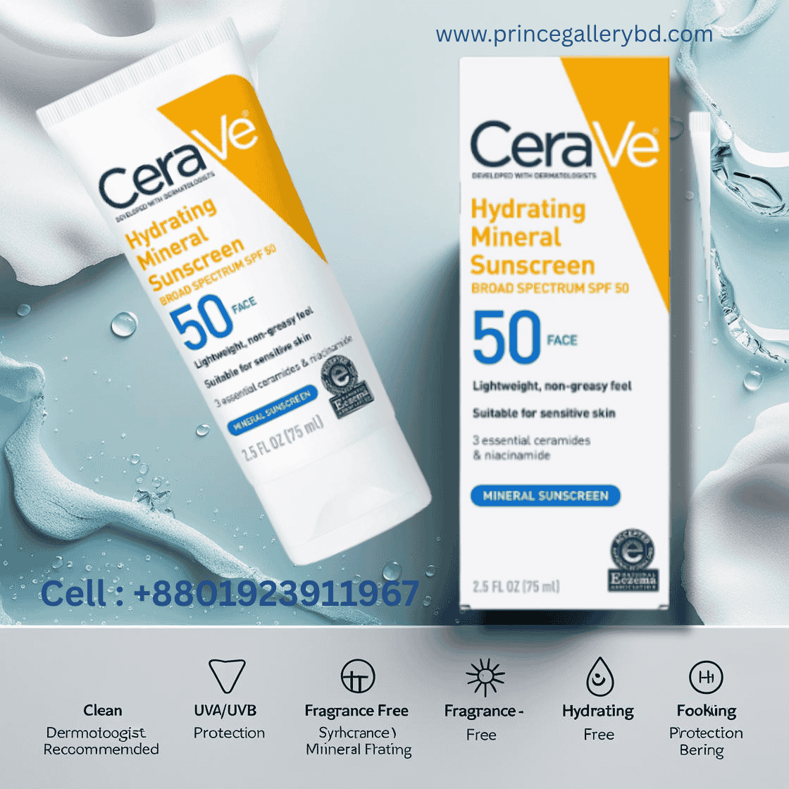 CeraVe Hydrating Mineral Face Sunscreen SPF50 for Sensitive Skin 1 CeraVe Hydrating Mineral Face Sunscreen SPF50 – Lightweight sun protection for sensitive skin with broad spectrum coverage.